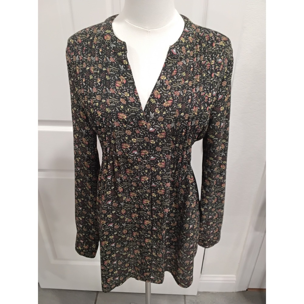 KAII Floral V-Neck Long Sleeve Tunic Blouse with‎ Back Tie Black Multi Size M